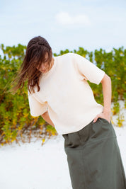 San Marcos Skirt in Faded Blue (Cedar) A-line denim maxi skirt, detail - MAS Montréal