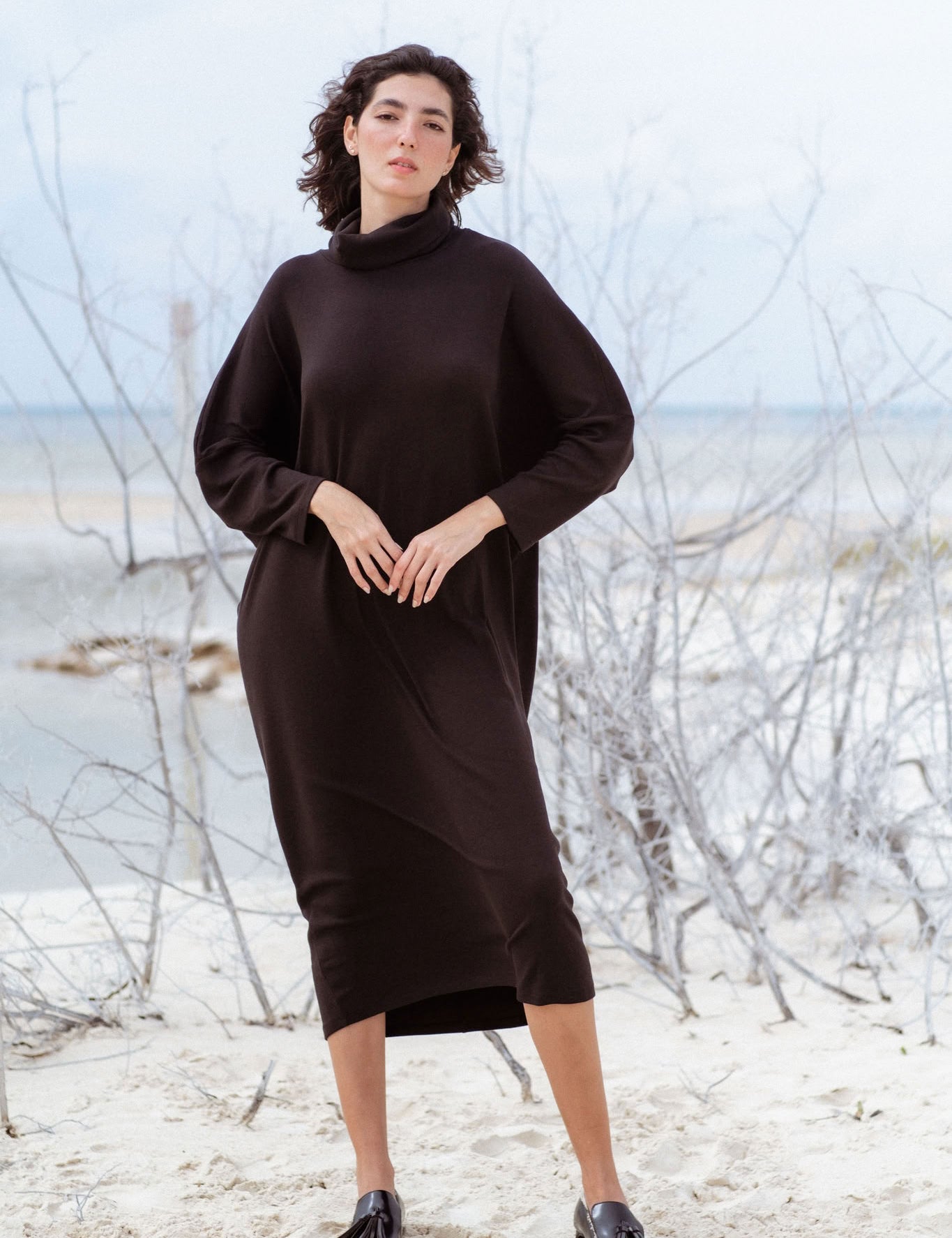 Iona Dress in Black (Carbon) ribbed turtleneck maxi dress - MAS Montréal