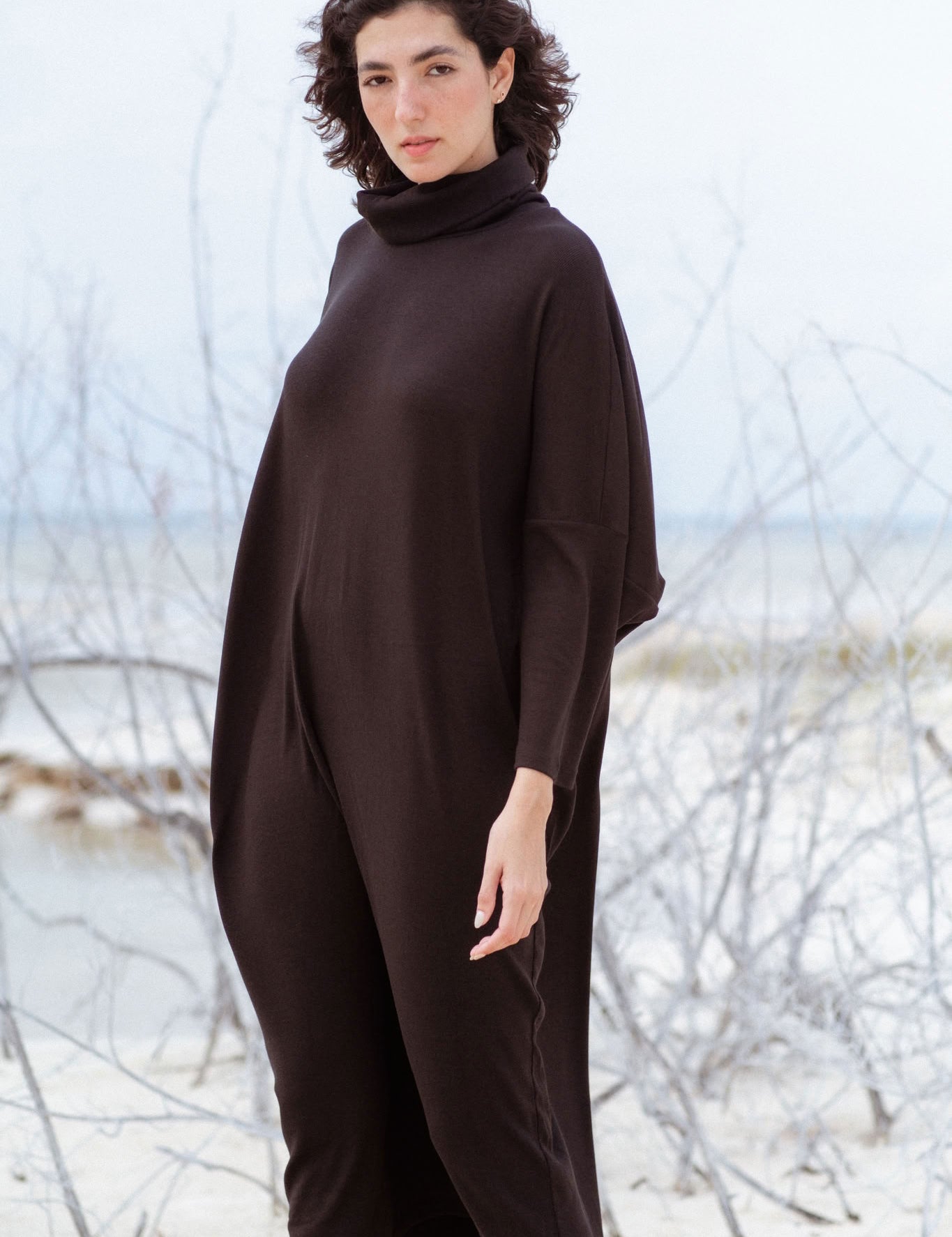 Iona Dress in Black (Carbon) ribbed turtleneck maxi dress, detail - MAS Montréal
