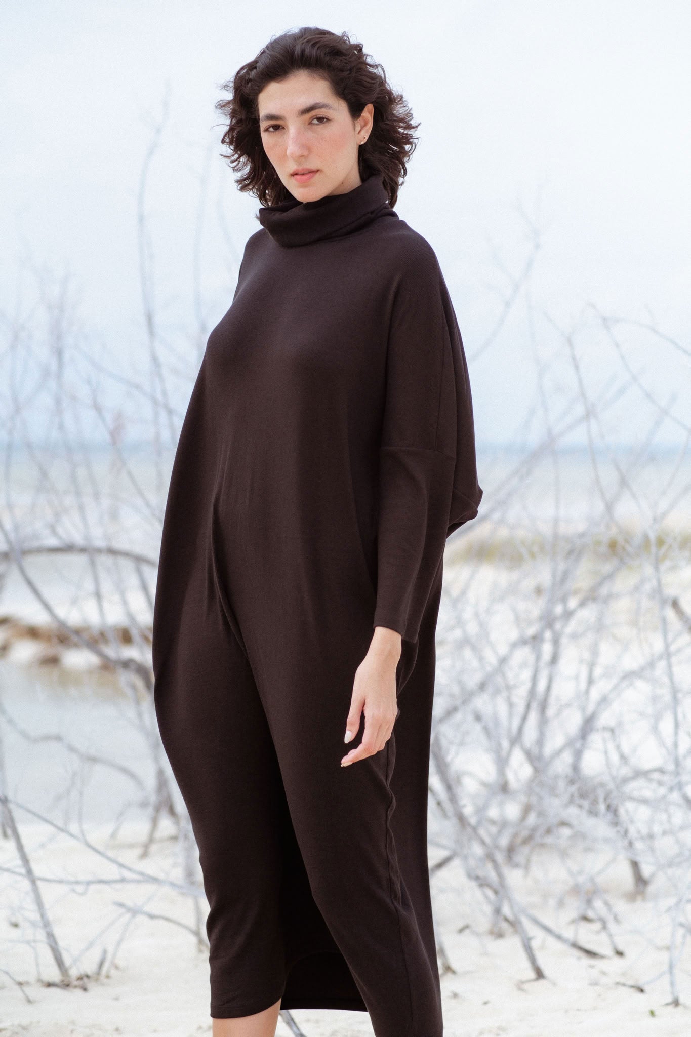 Iona Dress in Black (Carbon) ribbed turtleneck maxi dress, detail - MAS Montréal