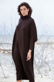 Iona Dress in Black (Carbon) ribbed turtleneck maxi dress, detail - MAS Montréal