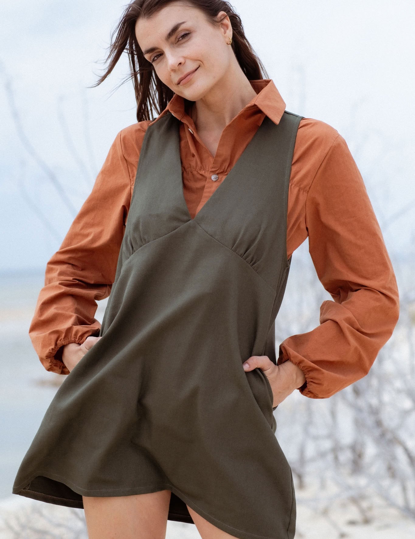 Valletta Dress in Faded Blue (Cedar) deep V-neck denim mini dress - MAS Montréal