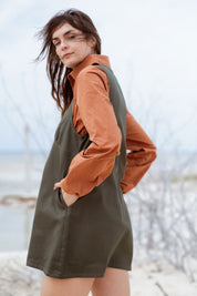 Valletta Dress in Faded Blue (Cedar) deep V-neck denim mini dress, side view - MAS Montréal