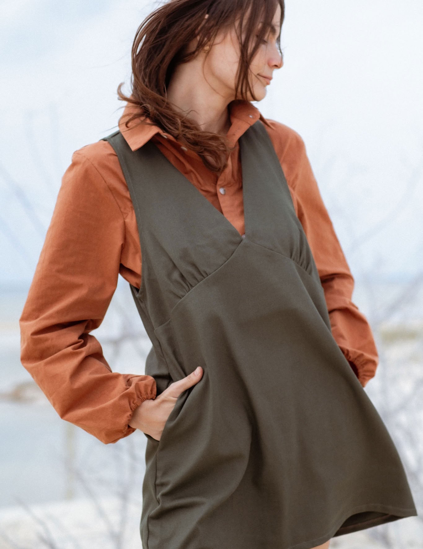 Valletta Dress in Faded Blue (Cedar) deep V-neck denim mini dress, detail - MAS Montréal
