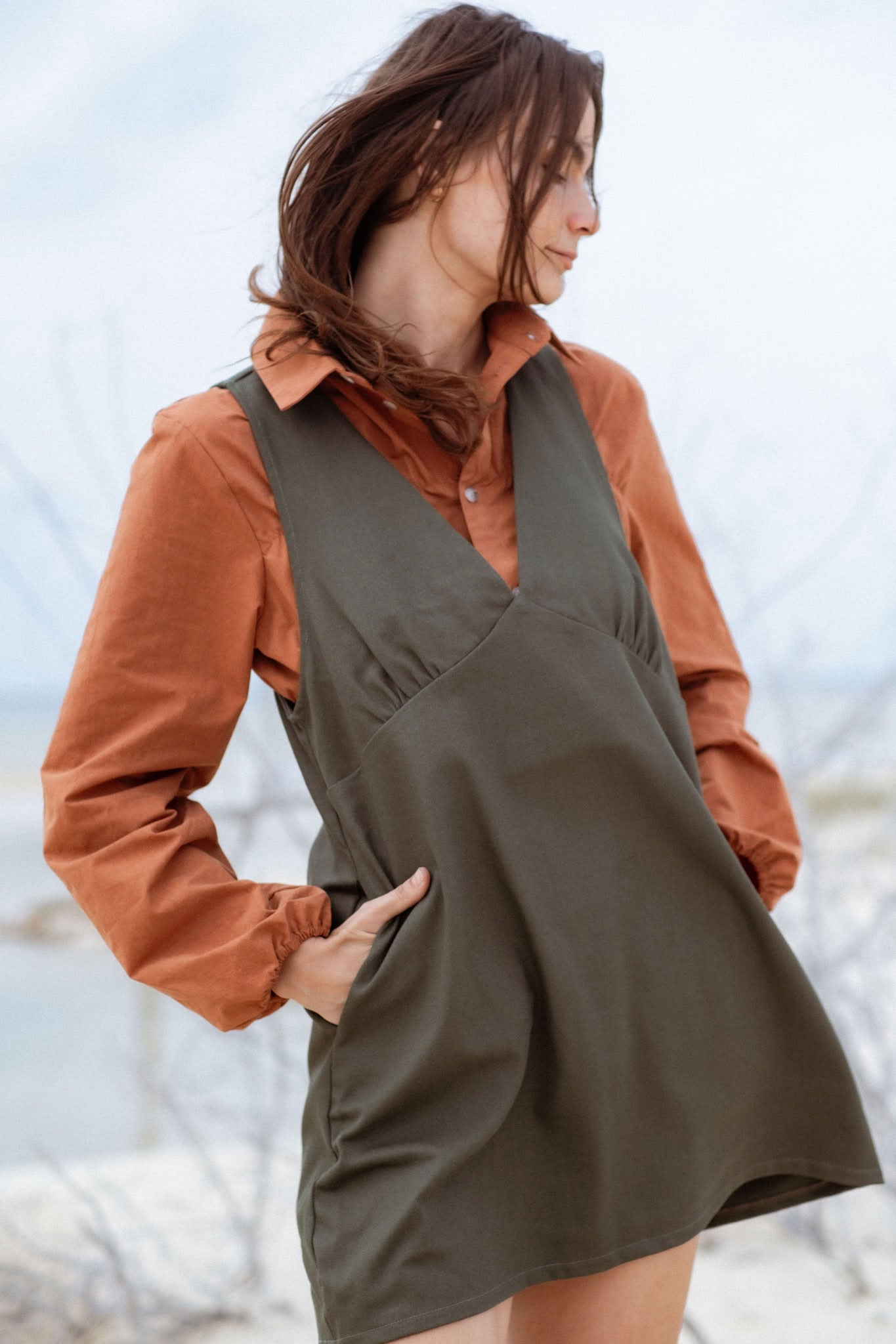 Valletta Dress in Faded Blue (Cedar) deep V-neck denim mini dress, detail - MAS Montréal