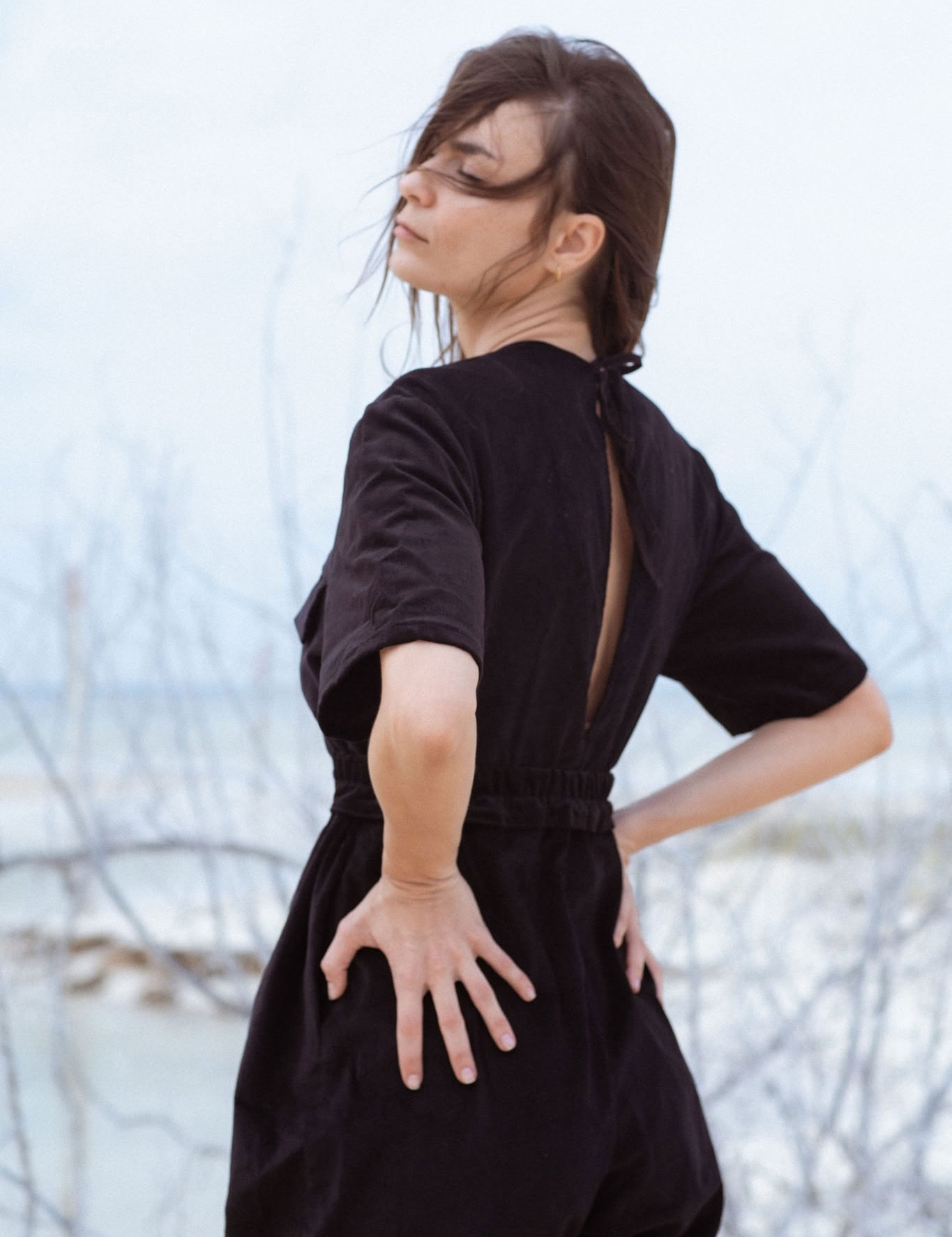 Bagan Jumpsuit in Black (Carbon) wide leg corduroy jumpsuit, back view - MAS Montréal