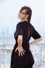 Bagan Jumpsuit in Black (Carbon) wide leg corduroy jumpsuit, back view - MAS Montréal