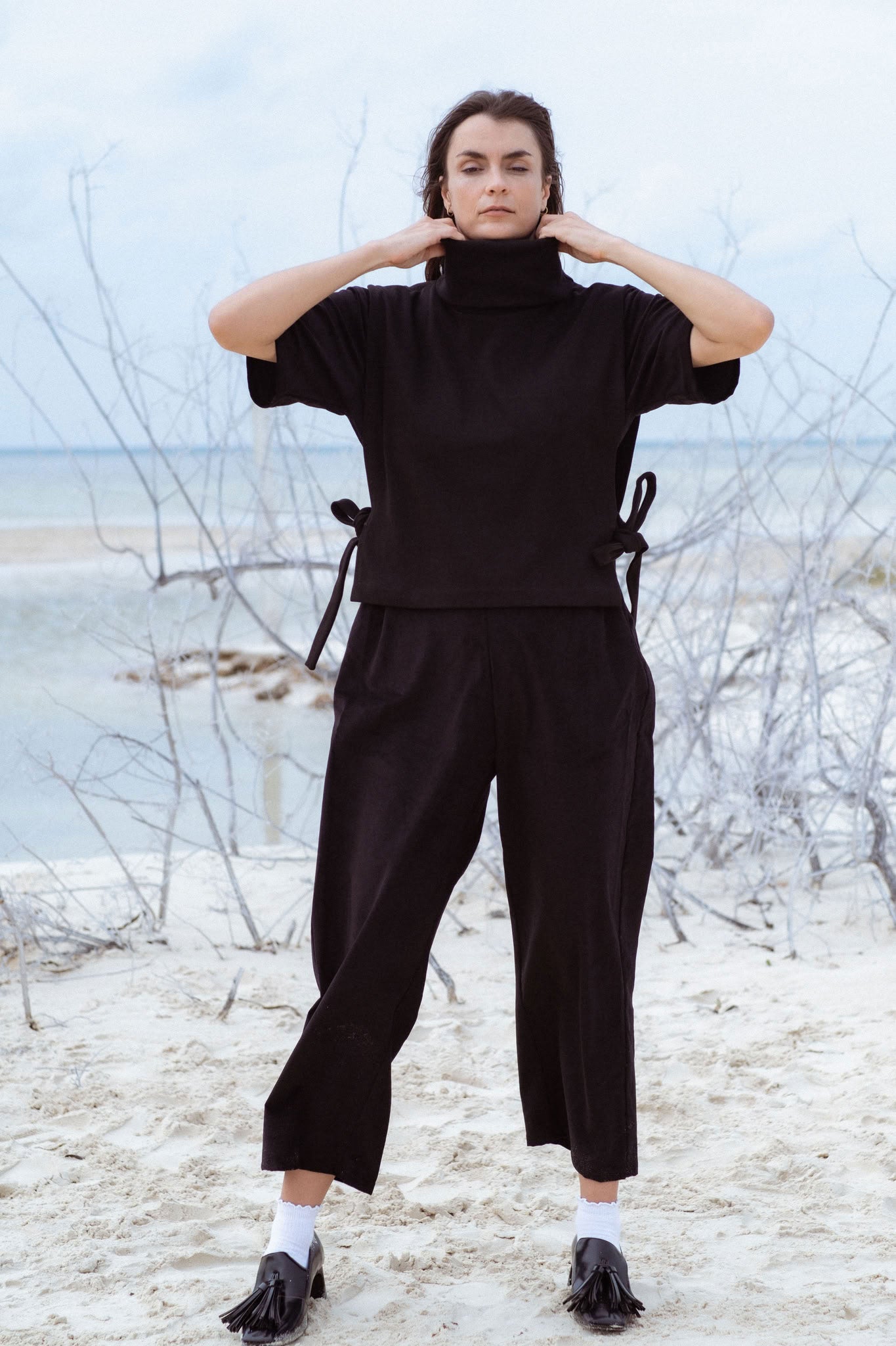 Bagan Jumpsuit in Black (Carbon) wide leg corduroy jumpsuit, detail - MAS Montréal