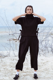 Bagan Jumpsuit in Black (Carbon) wide leg corduroy jumpsuit, detail - MAS Montréal