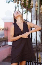 Valletta Dress in Black (Carbon) deep V-neck denim mini dress - MAS Montréal