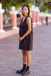 Valletta Dress in Black (Carbon) deep V-neck denim mini dress, side view - MAS Montréal