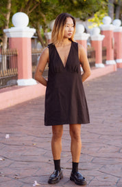 Valletta Dress in Black (Carbon) deep V-neck denim mini dress, detail - MAS Montréal