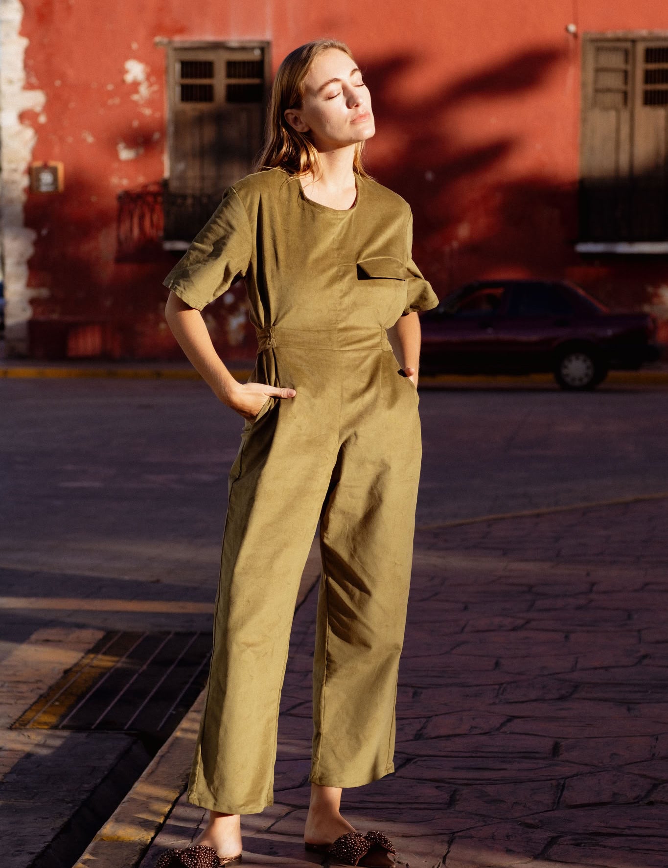 Bagan Jumpsuit in Moss Green (Moss) wide leg corduroy jumpsuit - MAS Montréal