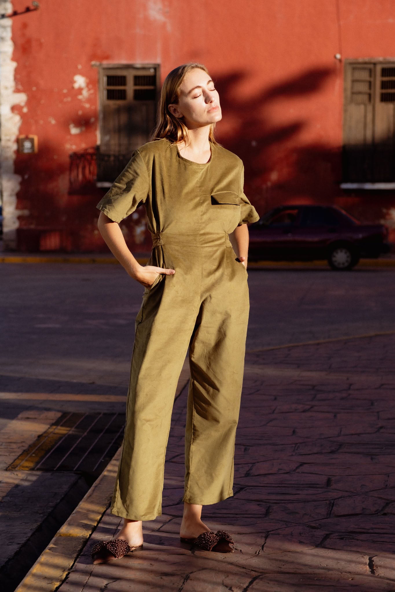 Bagan Jumpsuit in Moss Green (Moss) wide leg corduroy jumpsuit - MAS Montréal