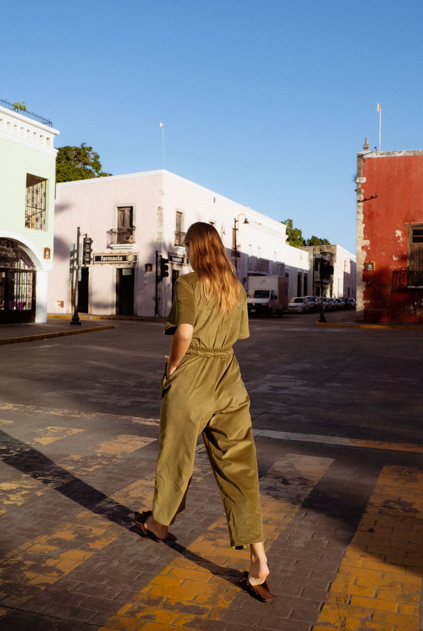 Bagan Jumpsuit in Moss Green (Moss) wide leg corduroy jumpsuit, side view - MAS Montréal