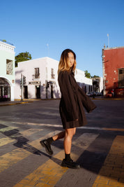Vancouver Dress in Black (Carbon) cinched waist cotton shirt dress, side view - MAS Montréal