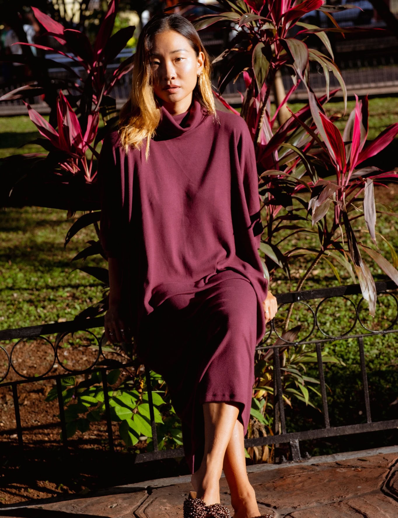 Iona Dress in Burgundy (Mulberry) ribbed turtleneck maxi dress - MAS Montréal