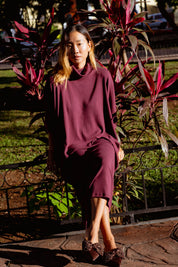 Iona Dress in Burgundy (Mulberry) ribbed turtleneck maxi dress - MAS Montréal