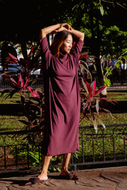 Iona Dress in Burgundy (Mulberry) ribbed turtleneck maxi dress, side view - MAS Montréal