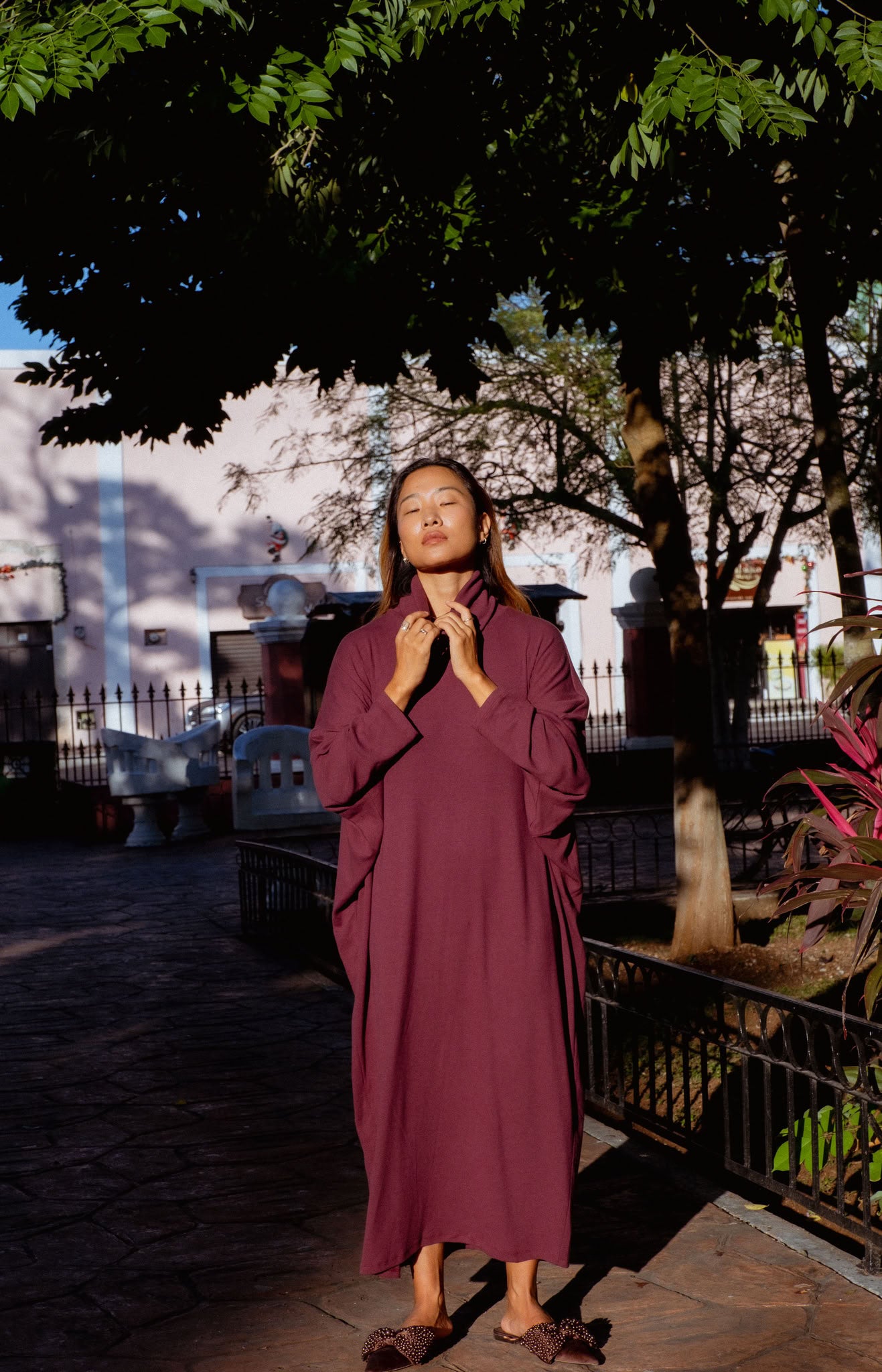Iona Dress in Burgundy (Mulberry) ribbed turtleneck maxi dress, back view - MAS Montréal