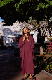 Iona Dress in Burgundy (Mulberry) ribbed turtleneck maxi dress, back view - MAS Montréal