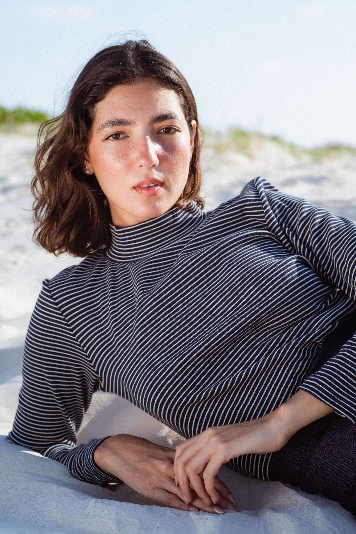 Tuscany Dress in Navy (Midnight) striped rib turtleneck dress - MAS Montréal