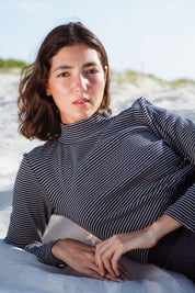 Tuscany Dress in Navy (Midnight) striped rib turtleneck dress - MAS Montréal