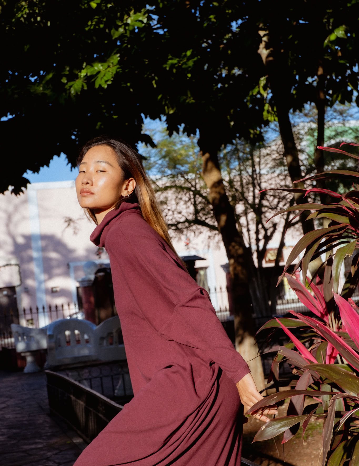 Iona Dress in Burgundy (Mulberry) ribbed turtleneck maxi dress, detail - MAS Montréal