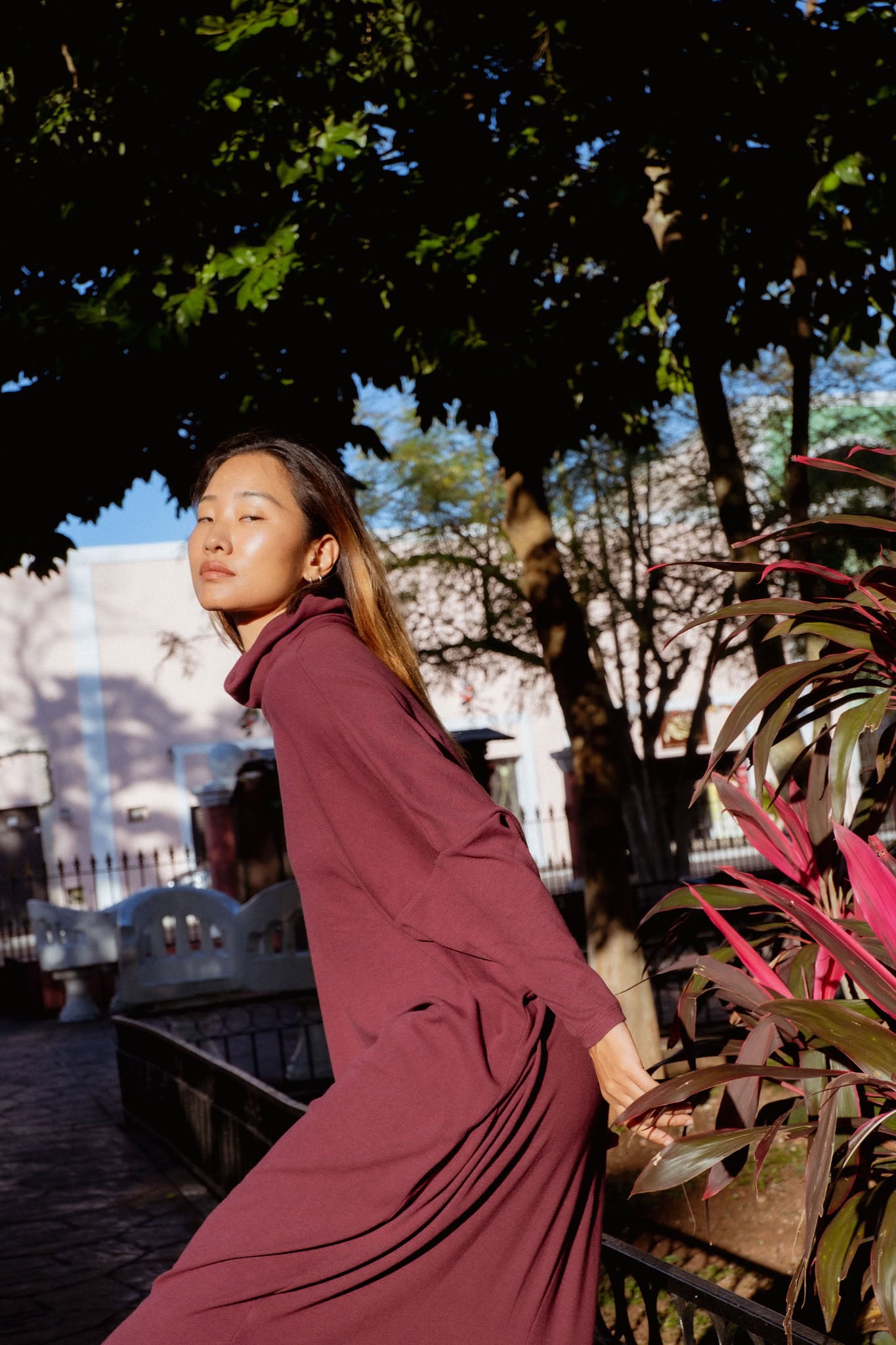 Iona Dress in Burgundy (Mulberry) ribbed turtleneck maxi dress, detail - MAS Montréal