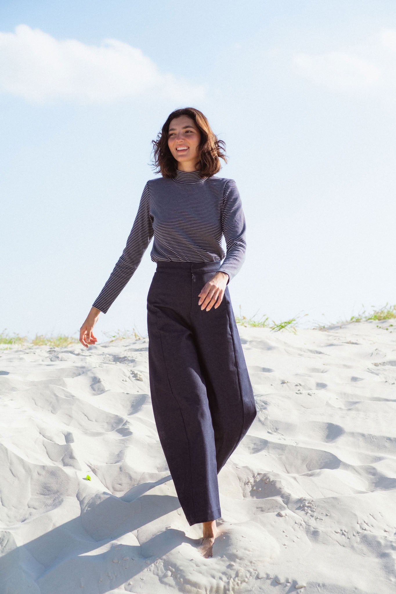 Tuscany Dress in Navy (Midnight) striped rib turtleneck dress, back view - MAS Montréal