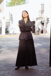 San Marcos Skirt in Black (Carbon) A-line denim maxi skirt, side view - MAS Montréal