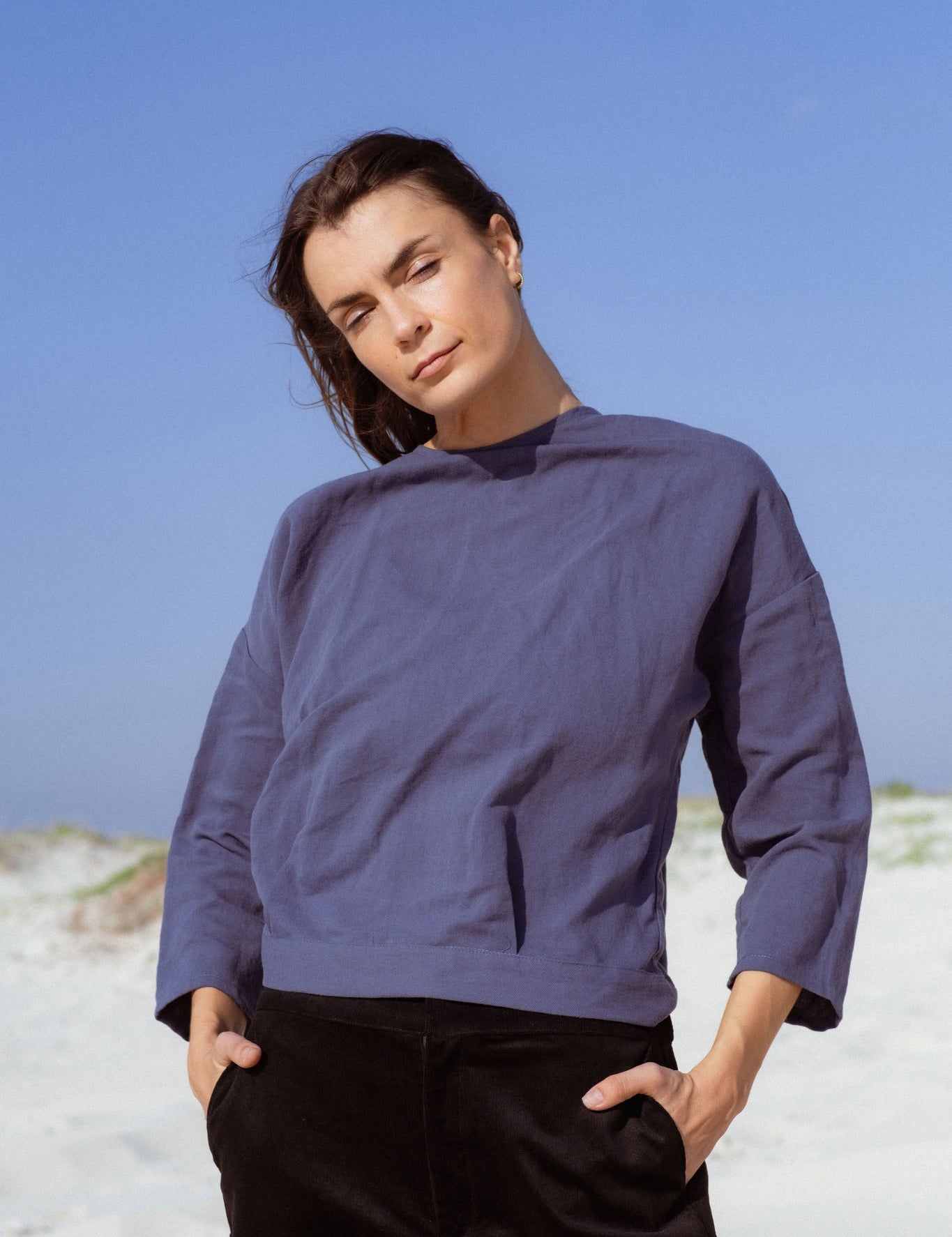 Arden Blouse in Teal Blue (Caspian) linen-cotton wrap blouse - MAS Montréal