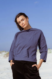 Arden Blouse in Teal Blue (Caspian) linen-cotton wrap blouse - MAS Montréal