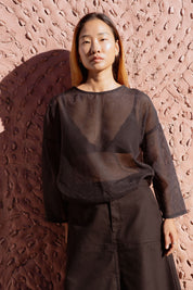 Arden Blouse in Black (Square Carbon) linen-cotton wrap blouse, square weave - MAS Montréal