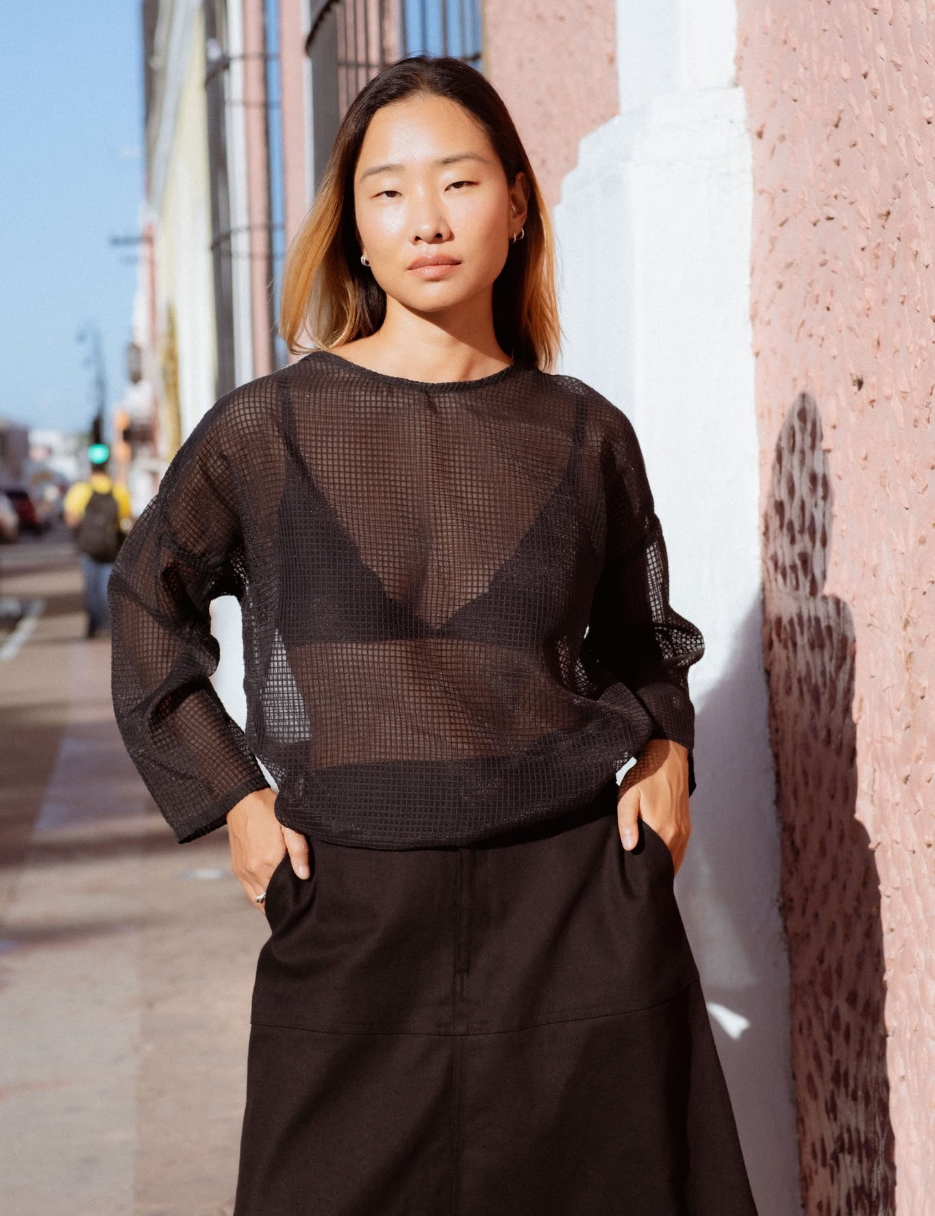 San Marcos Skirt in Black (Carbon) A-line denim maxi skirt, back view - MAS Montréal