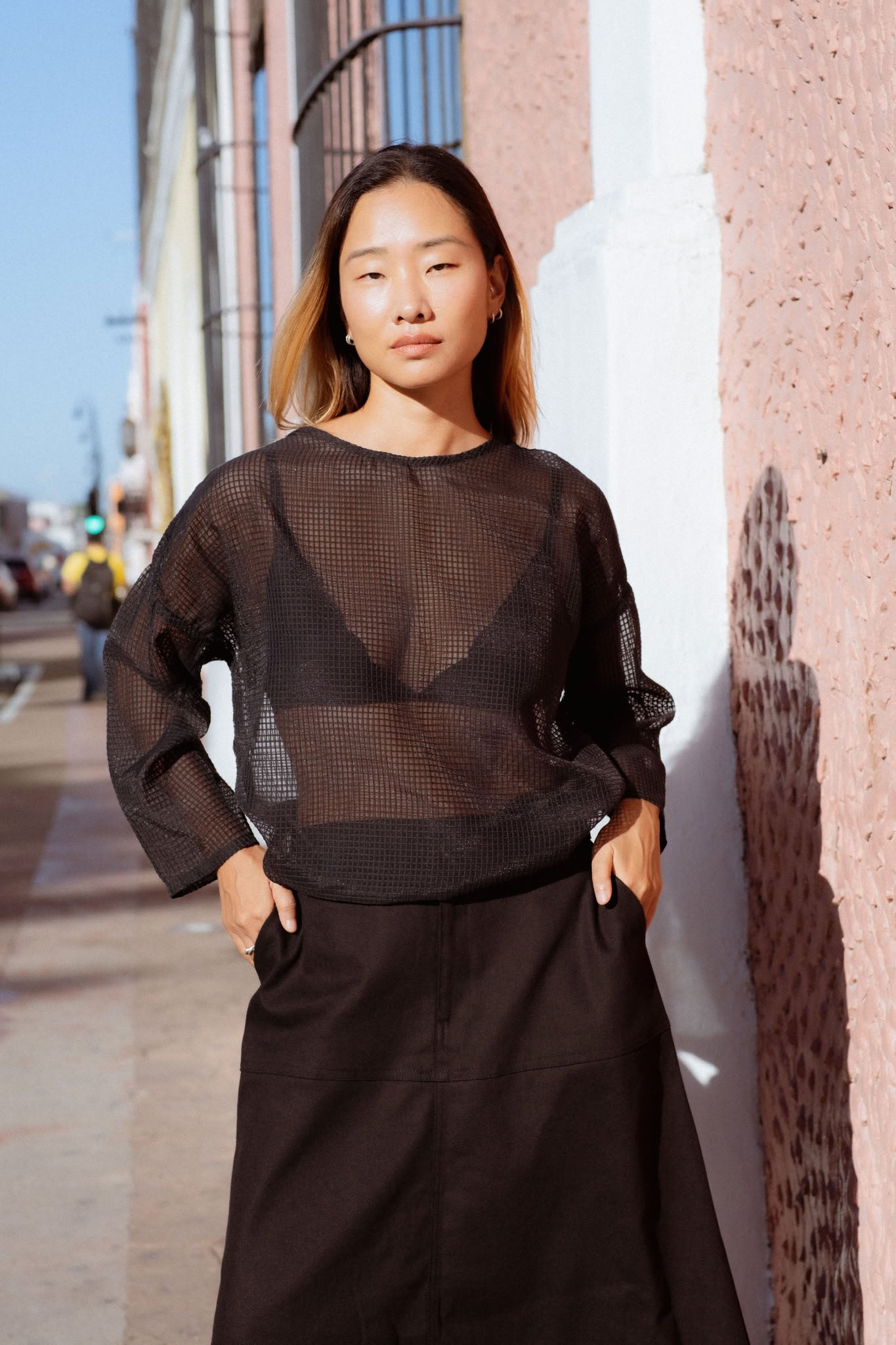 San Marcos Skirt in Black (Carbon) A-line denim maxi skirt, back view - MAS Montréal