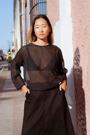 San Marcos Skirt in Black (Carbon) A-line denim maxi skirt, back view - MAS Montréal