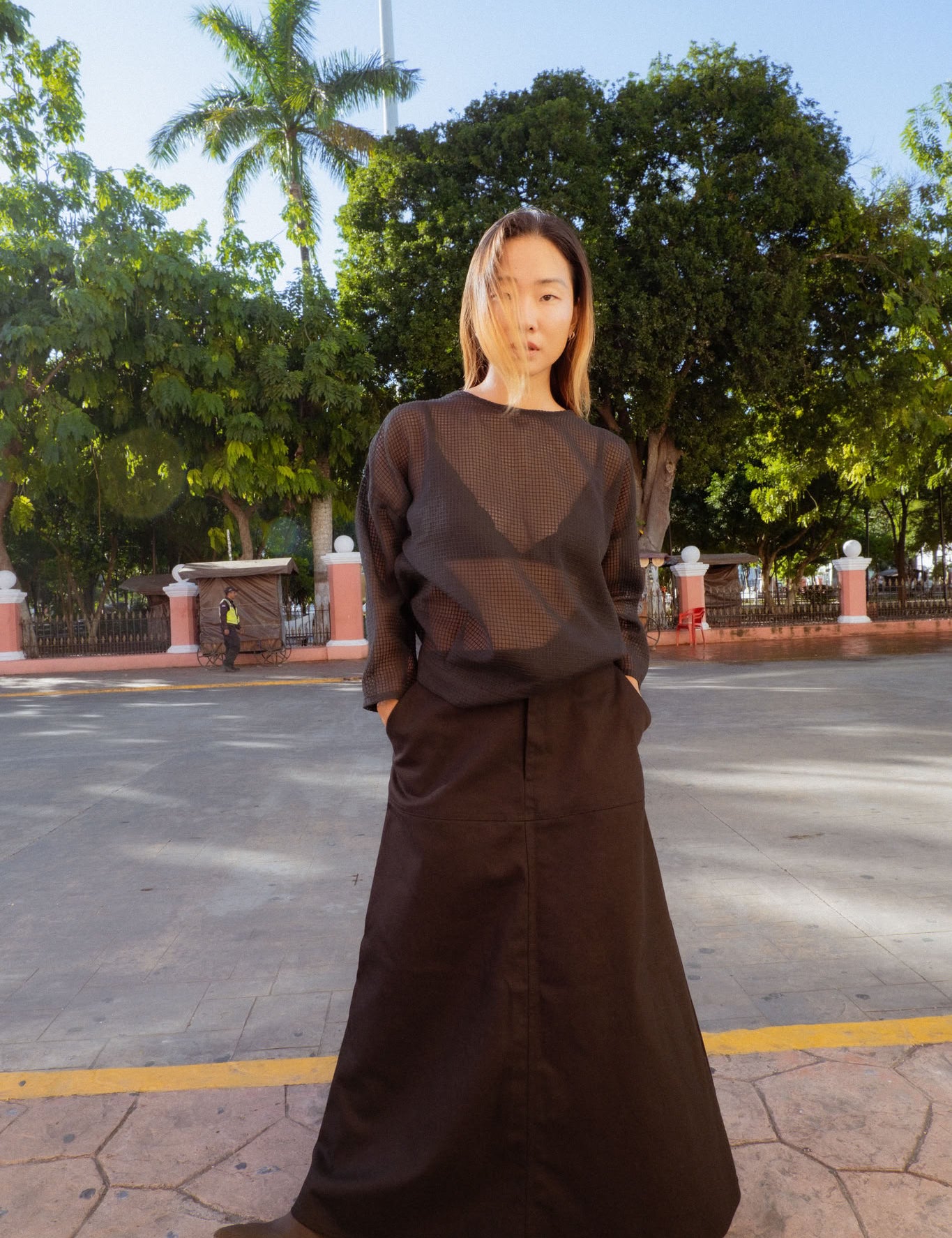 San Marcos Skirt in Black (Carbon) A-line denim maxi skirt, detail - MAS Montréal