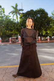 San Marcos Skirt in Black (Carbon) A-line denim maxi skirt, detail - MAS Montréal