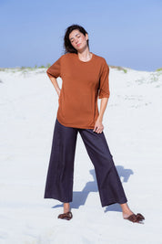 Vienna Pants in Blue Denim (Indigo Denim) wide leg stretch denim pants, back view - MAS Montréal