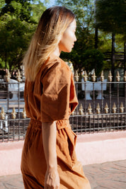 Bagan Jumpsuit in Rust (Copper) wide leg corduroy jumpsuit, full length - MAS Montréal