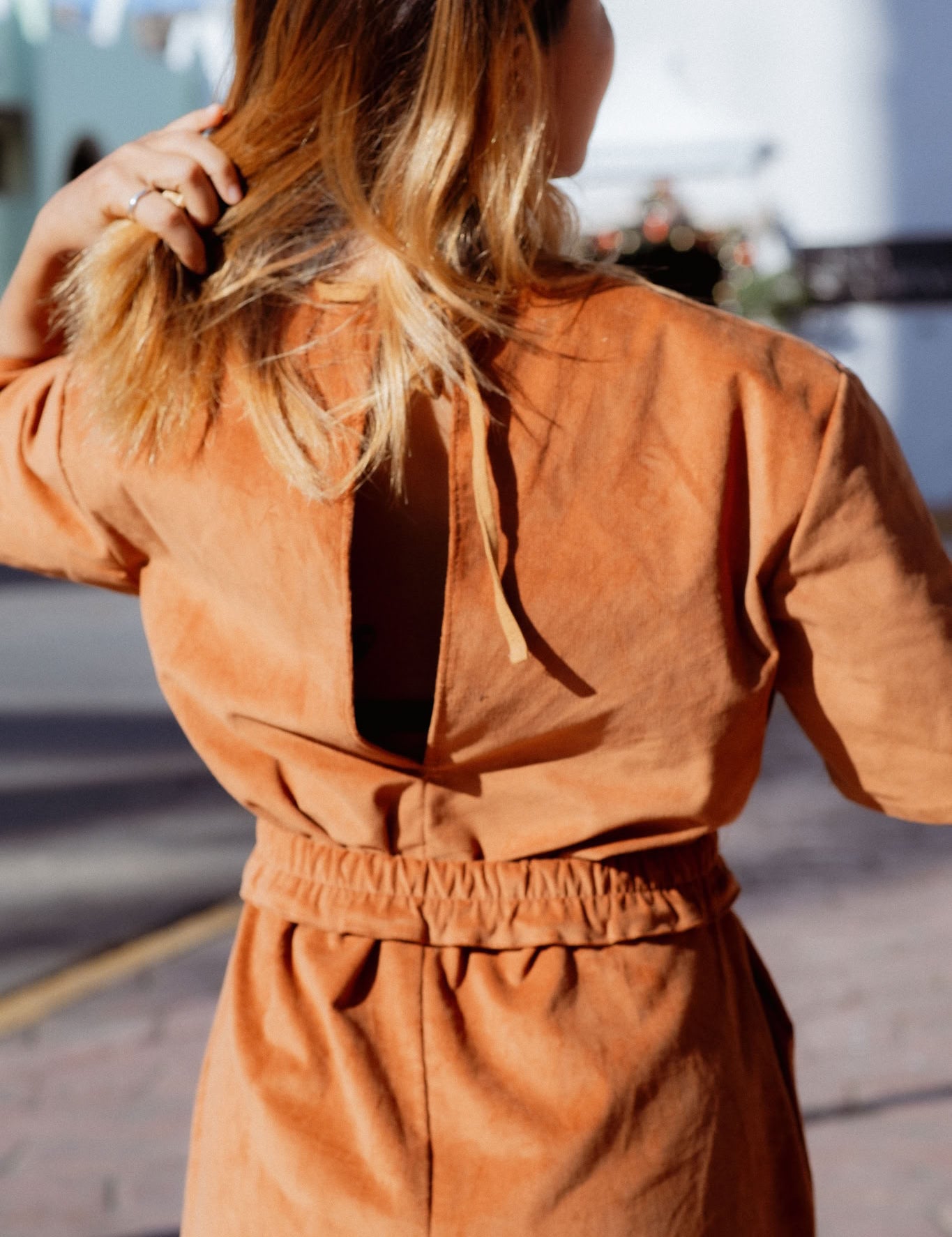 Bagan Jumpsuit in Rust (Copper) wide leg corduroy jumpsuit, back view - MAS Montréal