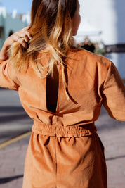 Bagan Jumpsuit in Rust (Copper) wide leg corduroy jumpsuit, back view - MAS Montréal