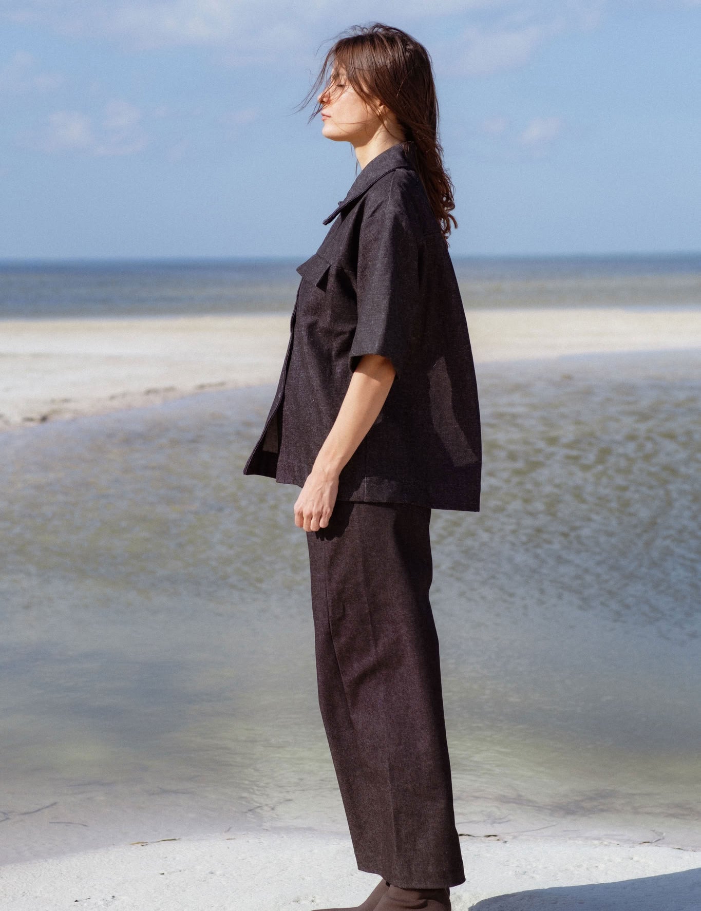 Vienna Pants in Black Denim (Carbon Denim) wide leg stretch denim pants - MAS Montréal