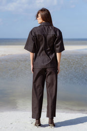 Vienna Pants in Black Denim (Carbon Denim) wide leg stretch denim pants, side view - MAS Montréal