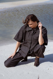Vienna Pants in Black Denim (Carbon Denim) wide leg stretch denim pants, back view - MAS Montréal