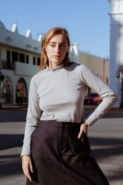 Tuscany Dress in Heather Grey (Pebble) striped rib turtleneck dress, back view - MAS Montréal