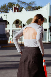 San Marcos Skirt in Black Denim (Carbon Denim) A-line denim maxi skirt, detail - MAS Montréal