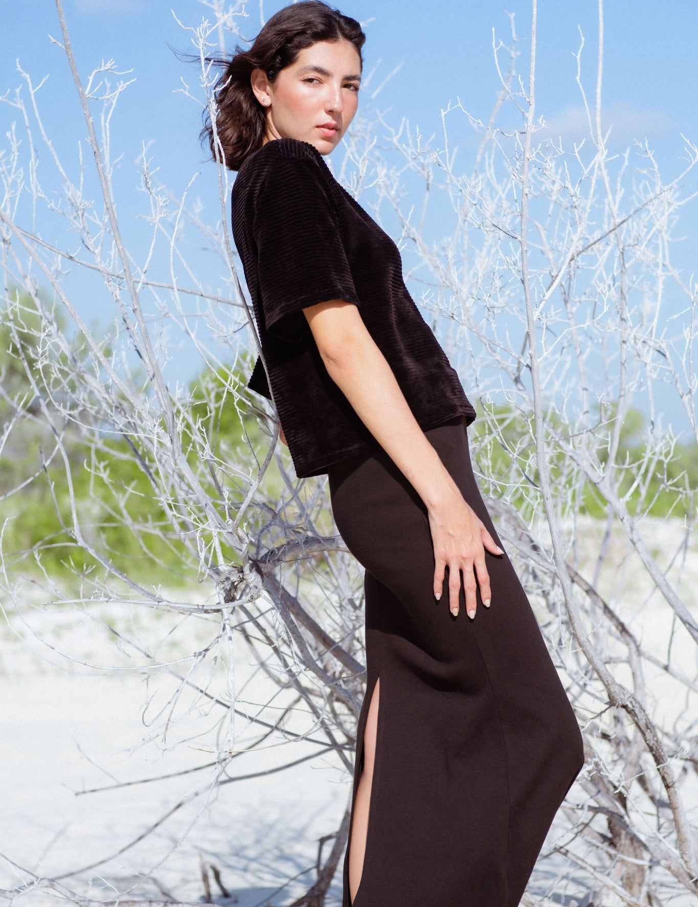 Cabo T-Shirt in Black (Carbon) velvet rib tee, detail - MAS Montréal