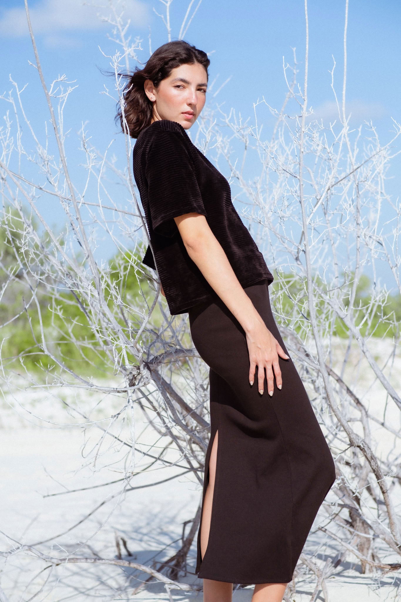 Cabo T-Shirt in Black (Carbon) velvet rib tee, detail - MAS Montréal